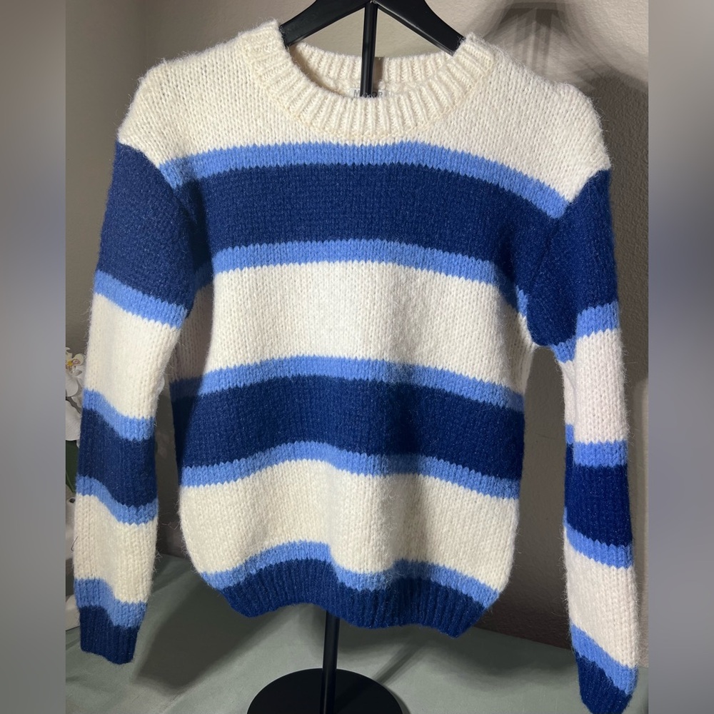 Major Label Group, Women’s Striped Knit Sweater Blue White Crewneck Size S
